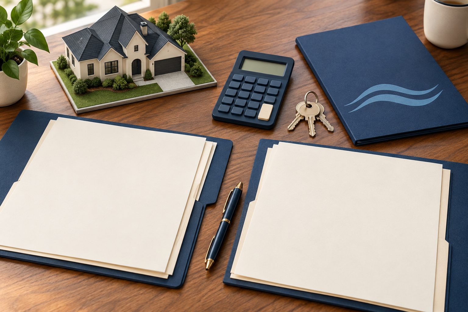 Conceptual illustration of a miniature cream house, blank folders, calculator and keys on a desk for insurance planning. Not an actual listing, flood map, property record, or evidence of risk; papers are invented props, not policy documents.