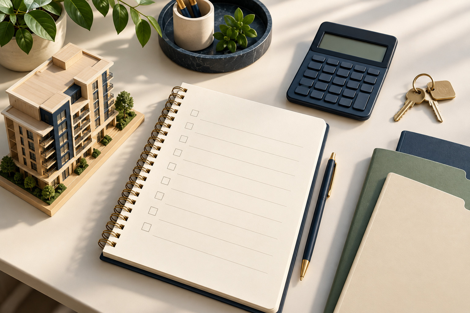 Conceptual wooden condominium model, blank checklist notebook, calculator with blank display, keys and unmarked folders. Not an actual listing, budget, quote, or property record.