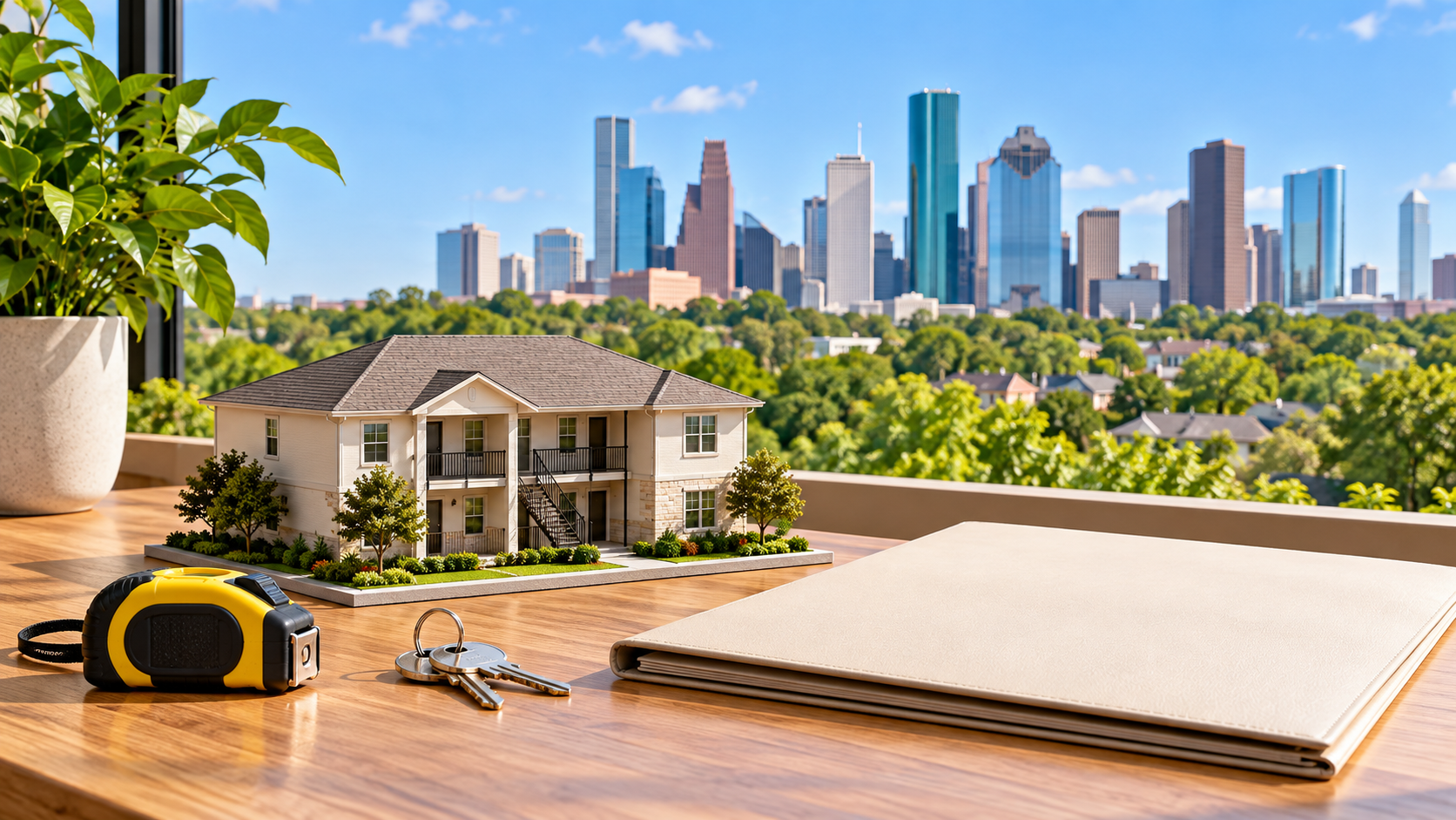 Illustration of a rental property model, keys and planning folder with the Houston skyline.